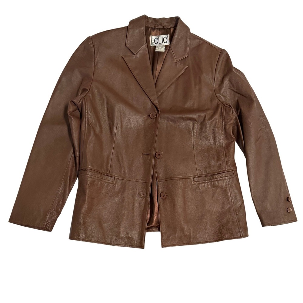 Clio Leather Blazer Jacket Women Medium Brown Excellent Vintage 3-Button Coat